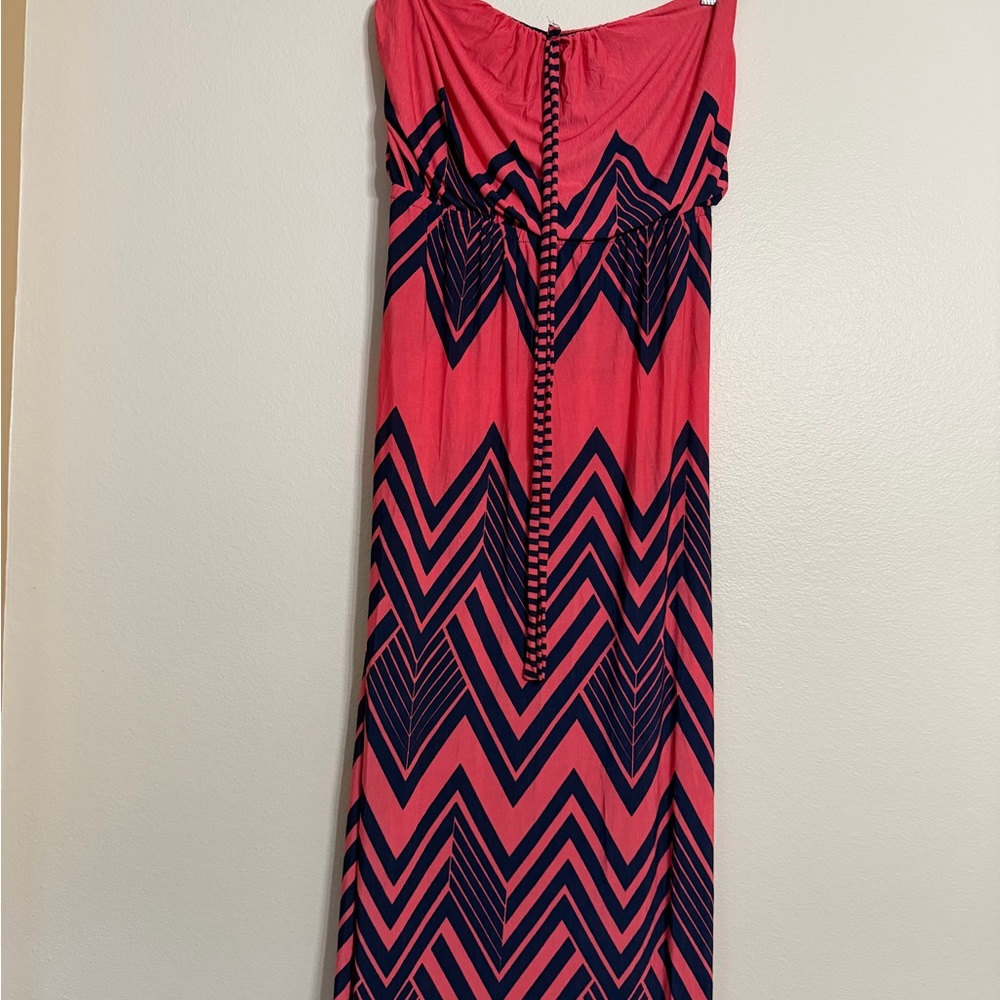 Trikiki Strapless Maxi Dress Coral & Navy Chevron Print Spring Summer Dress